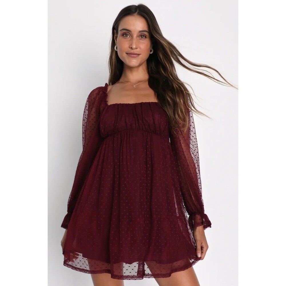 Lulus Mini Dress Dreamy Sweetness Burgundy Swiss Dot Ruffled Babydoll Large